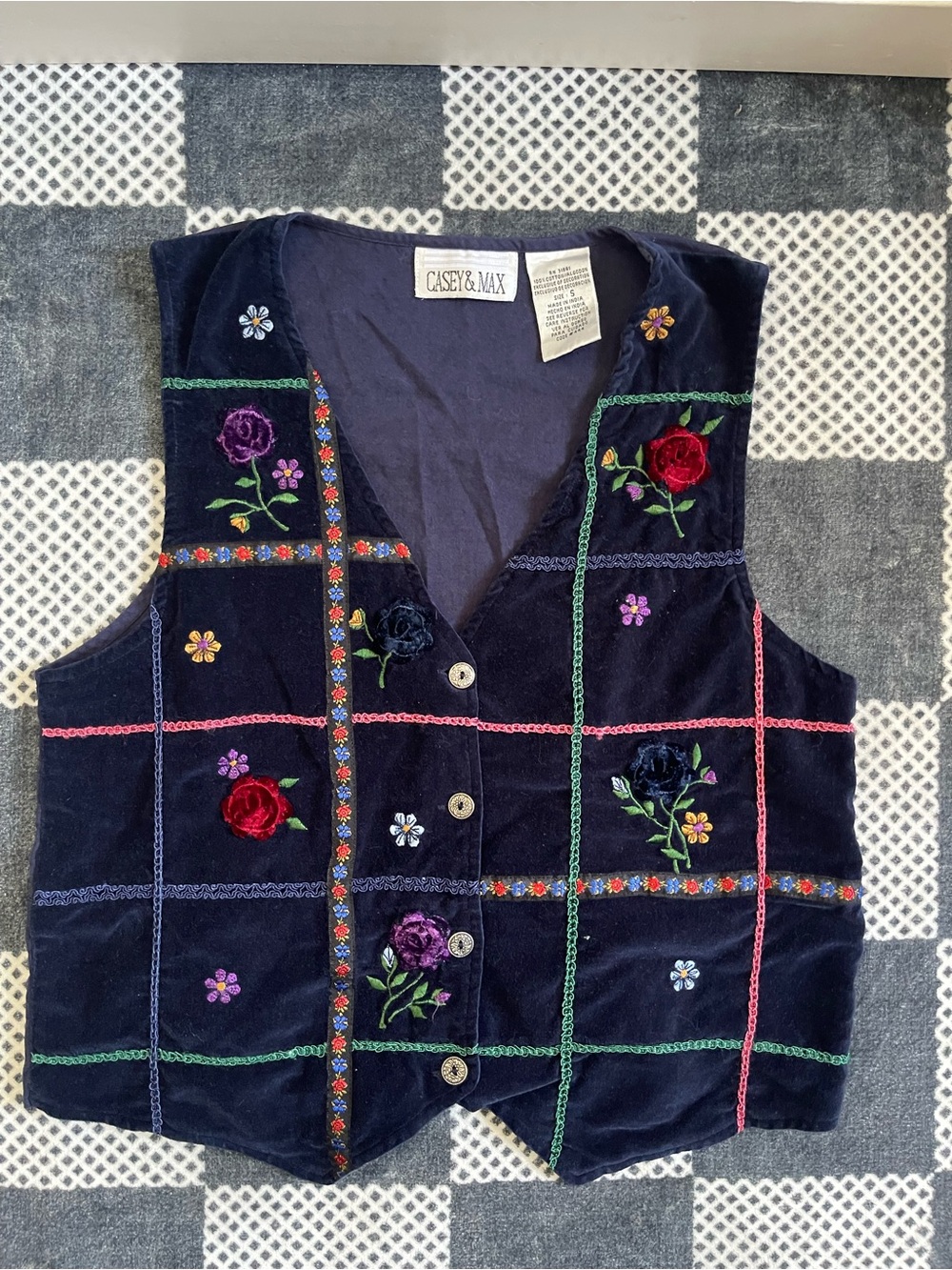 Casey & Max Women's Embroidered Velvet Vest - Navy with Floral Accents